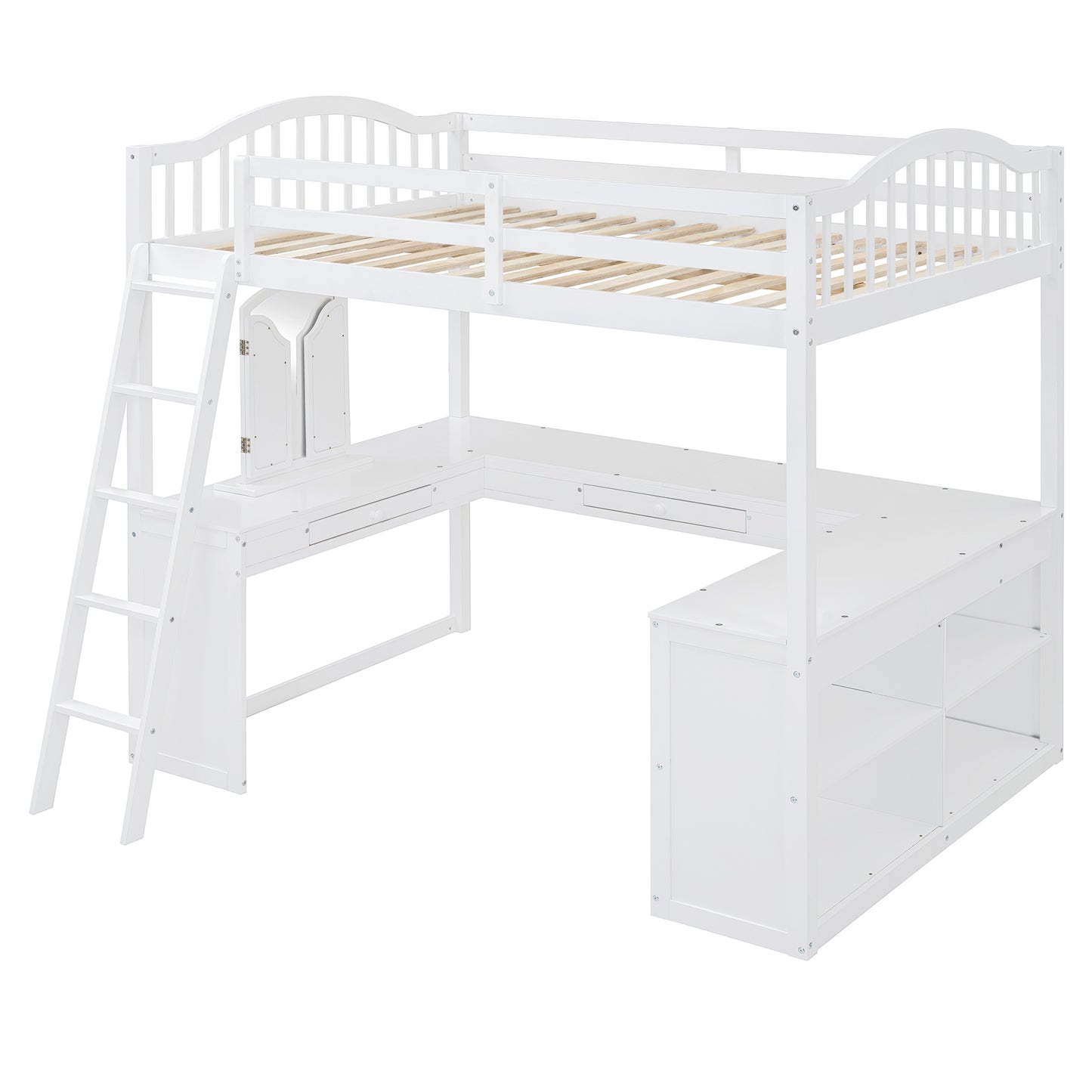 White wooden loft bed with desk and shelves complete with ladder