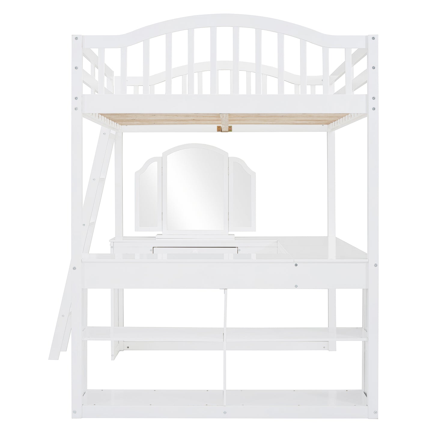White twin loft bed with desk and shelves ideal for kids room
