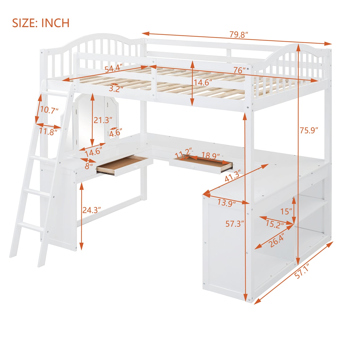 White loft bed with integrated desk and storage shelves featuring ladder access