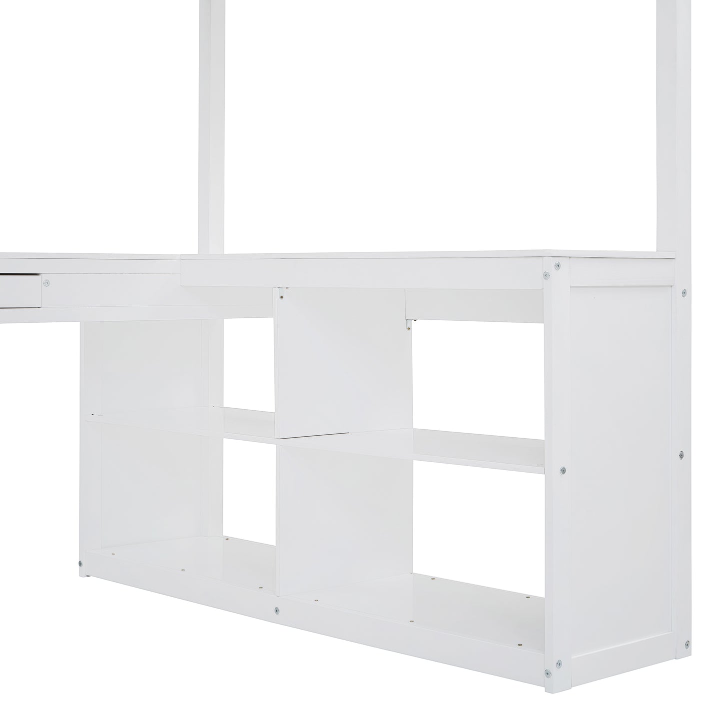 White wooden desk with open shelving unit for books and decor