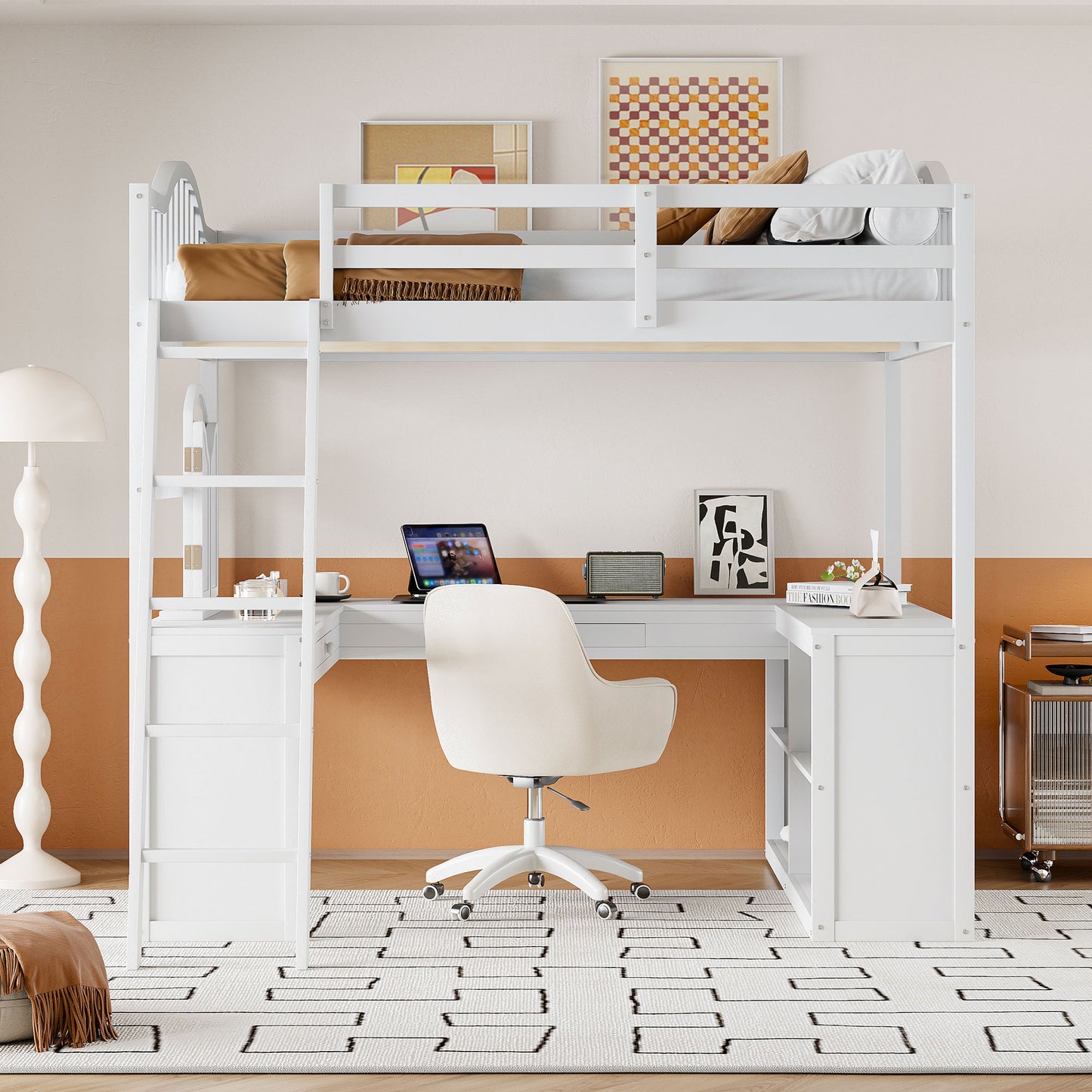 White wooden loft bed with integrated desk and shelves featuring a ladder and modern design