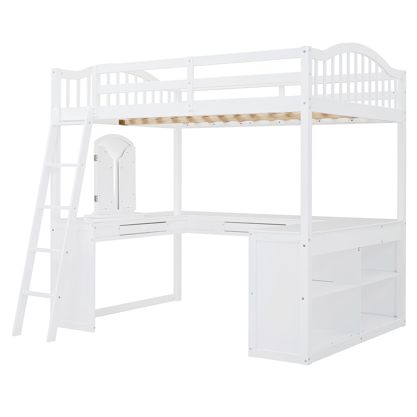 White loft bed with desk and ladder featuring a modern design for spacesaving