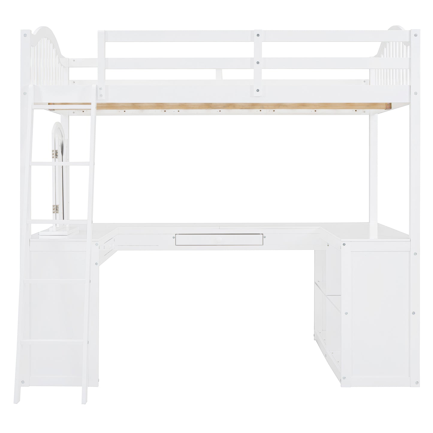 White loft bed with integrated desk shelves and mirror for efficient space use