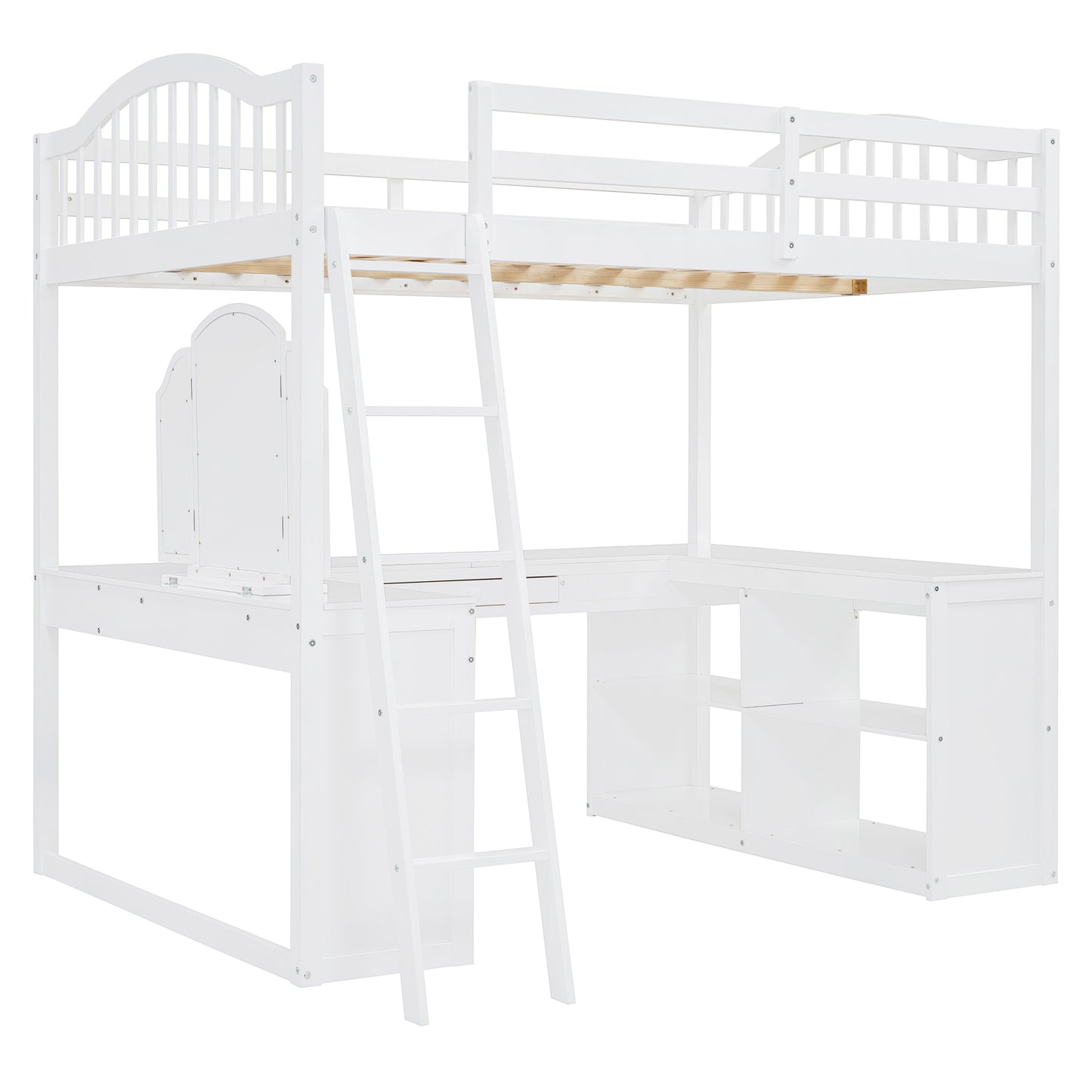 White loft bed with integrated desk and shelving featuring a ladder for easy access