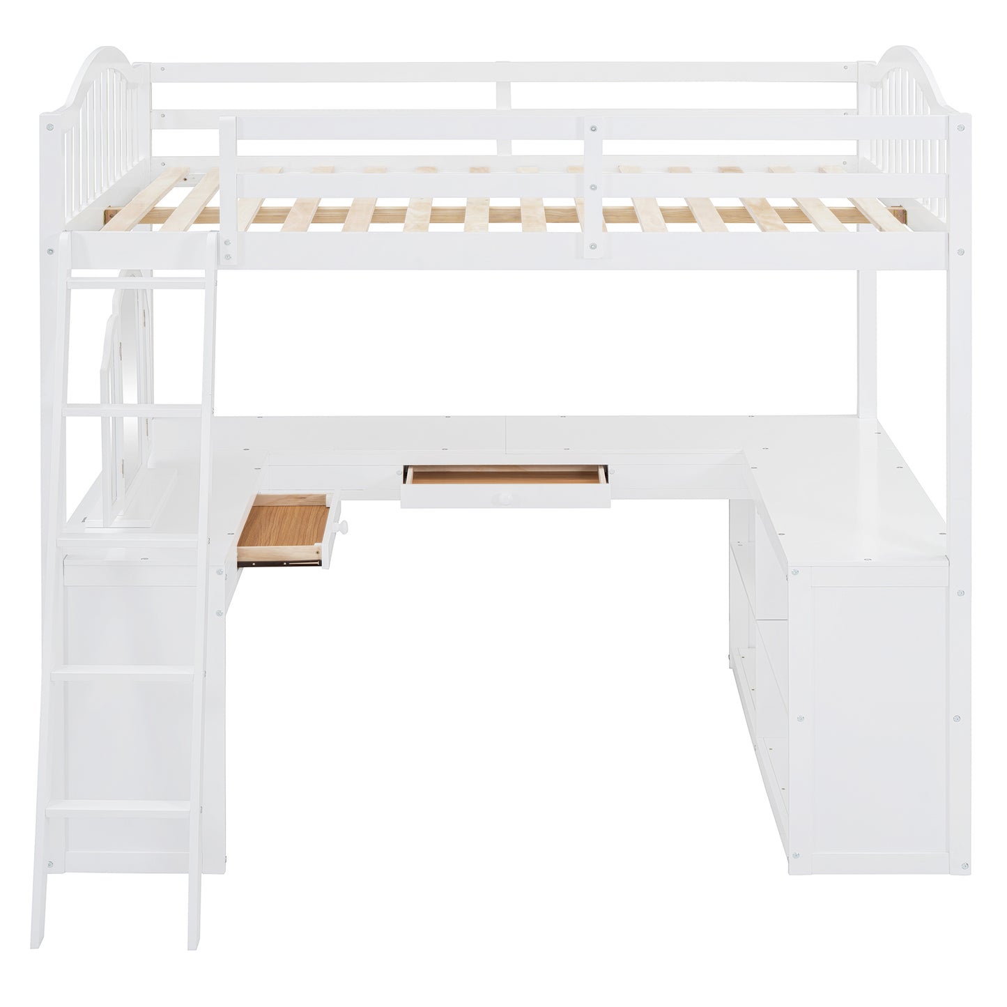 White wooden loft bed with integrated desk and storage featuring a ladder