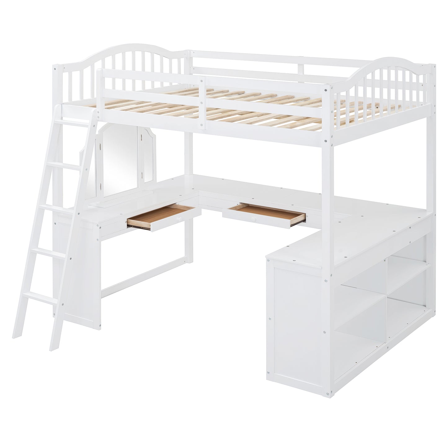 White loft bed with desk and storage featuring a ladder and drawers for kids rooms