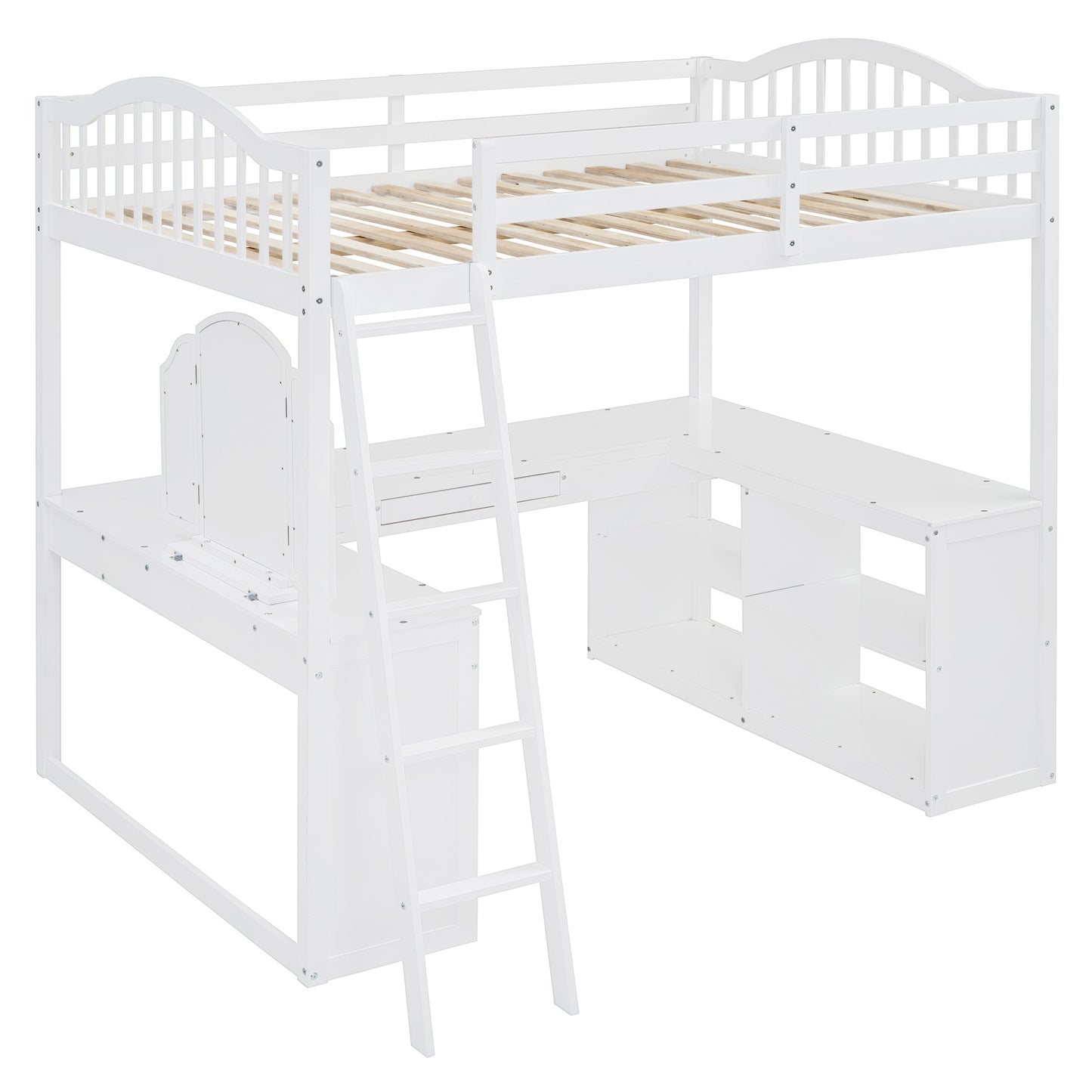 White wooden loft bed with integrated desk and storage shelves for childrens room