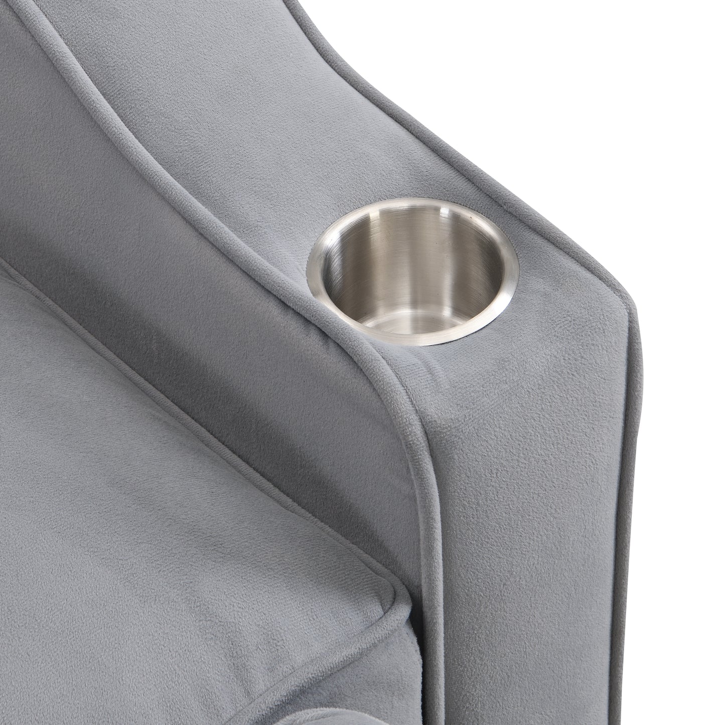 Gray plush recliner with integrated stainless steel cup holder