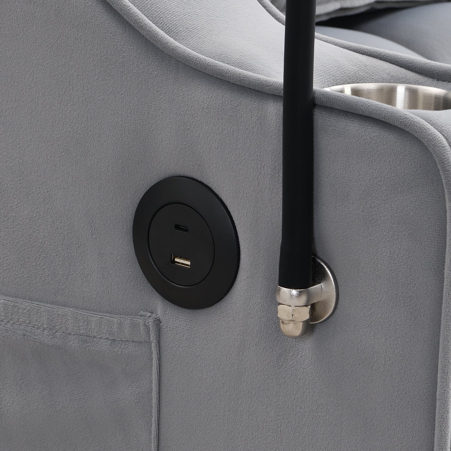 Gray velvet recliner with builtin USB charging port and cup holder