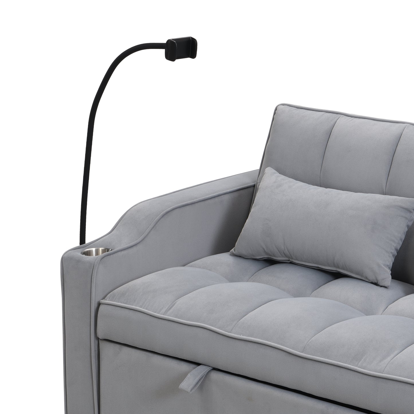 Gray velvet sofa with a builtin cup holder and adjustable reading light