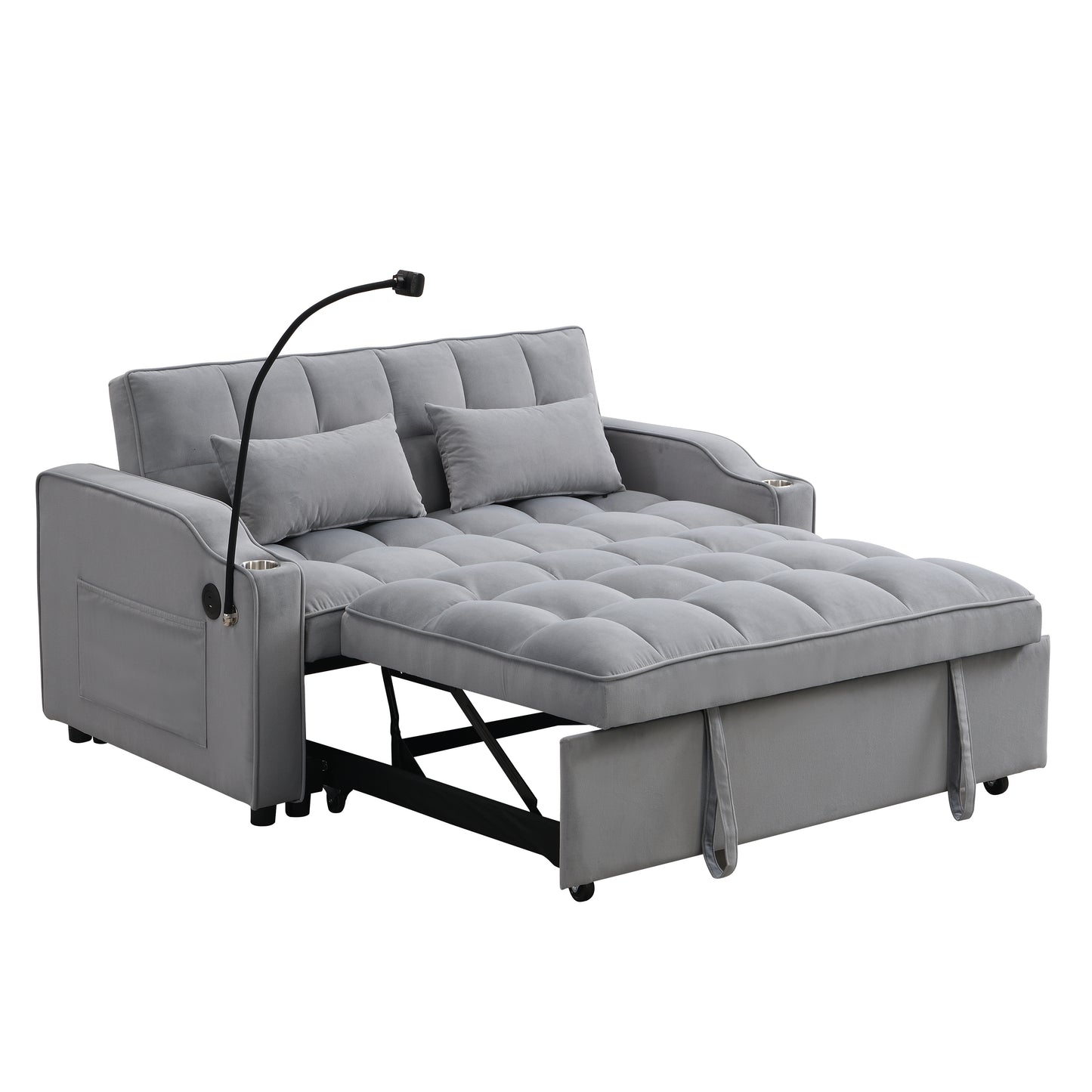 Grey velvet sleeper sofa with tufted cushions and pullout bed Features include armrest pockets cup holders and adjustable lamp