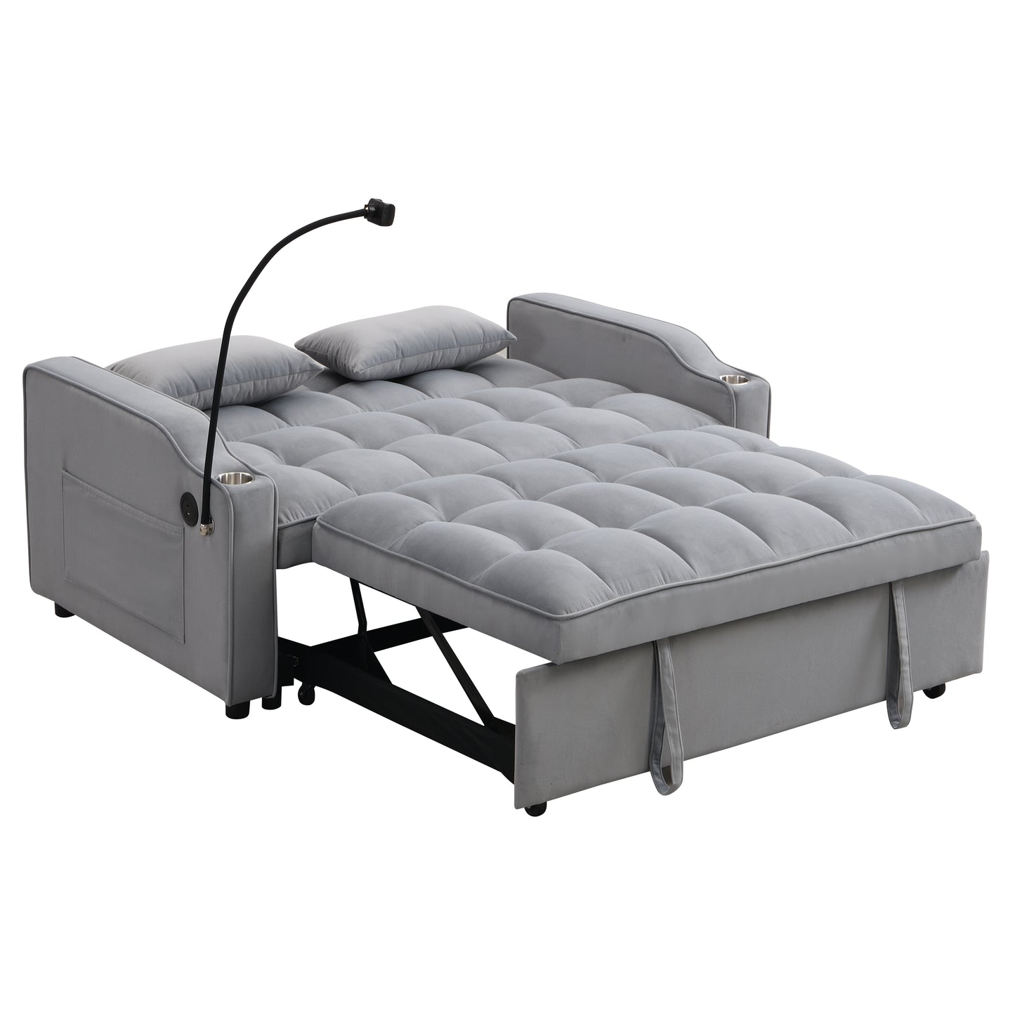 Grey velvet sofa bed with tufted cushions and adjustable reading lamp