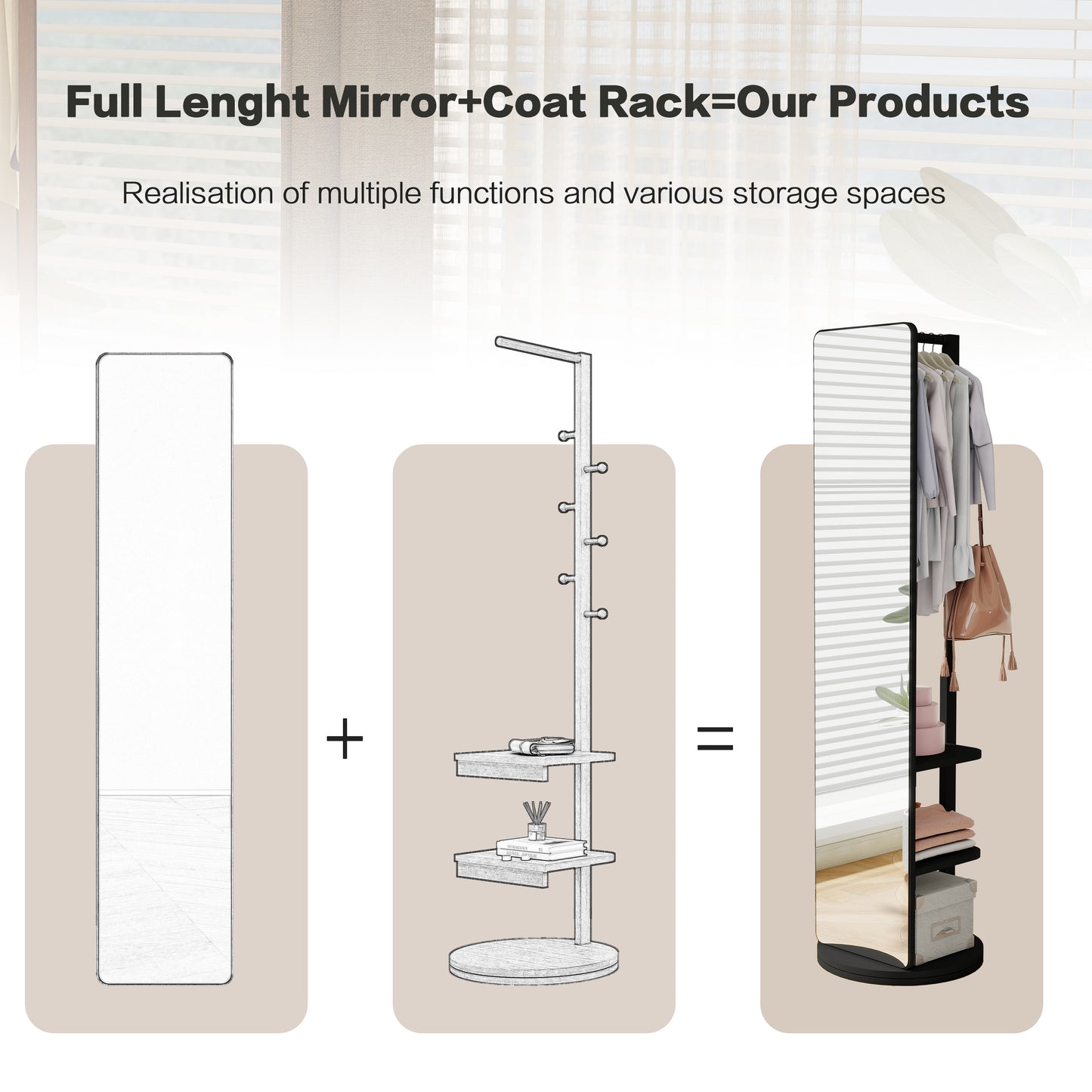 Full length mirror with integrated coat rack and shelving unit