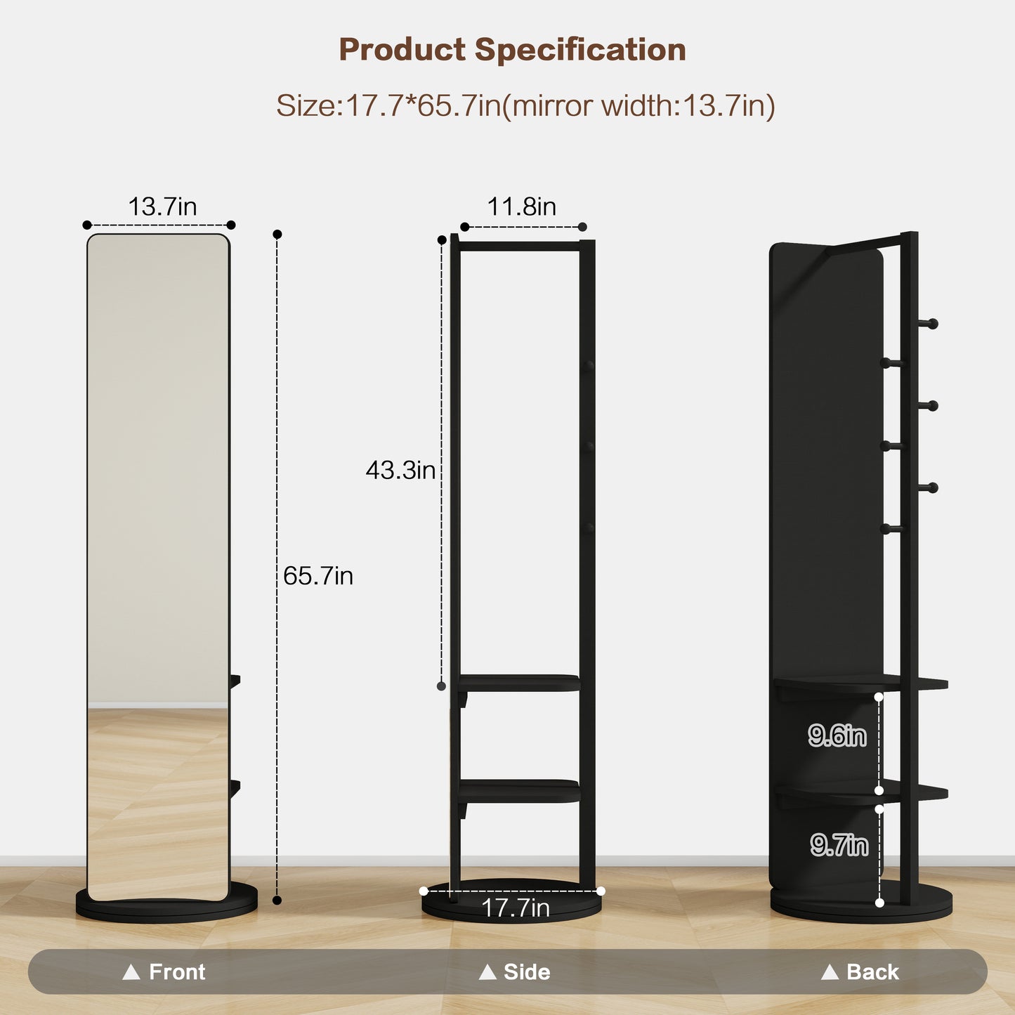 Full length standing mirror with storage shelves black metal frame inches tall