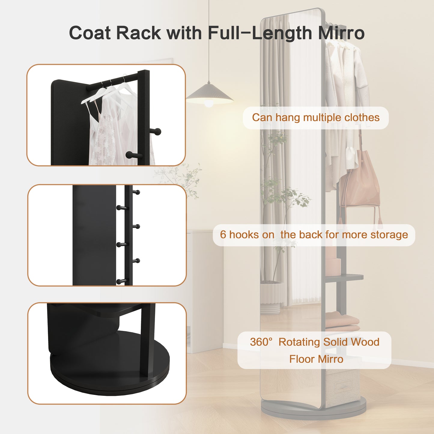 Black coat rack with fulllength mirror and multiple hanging hooks