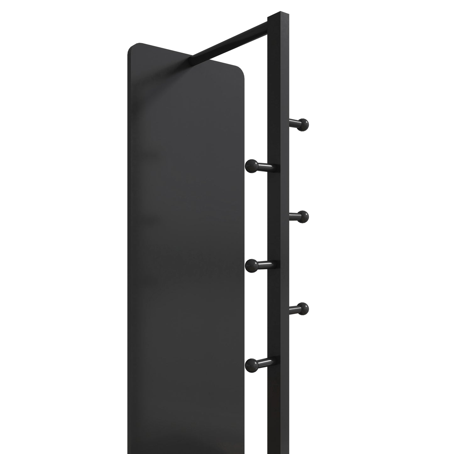 Modern black coat rack with five rounded hooks and a sleek panel design
