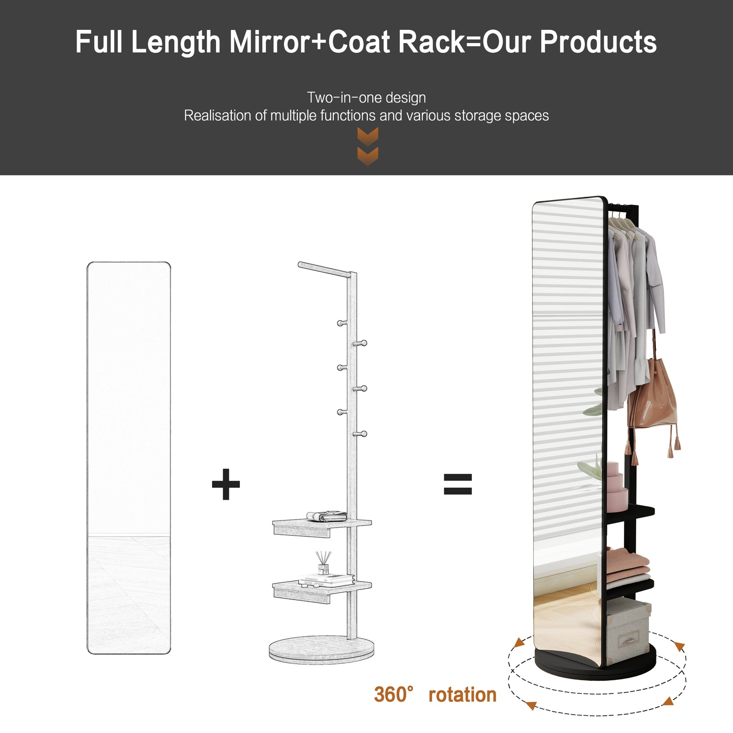 Full length mirror with integrated coat rack and shelves degree rotation