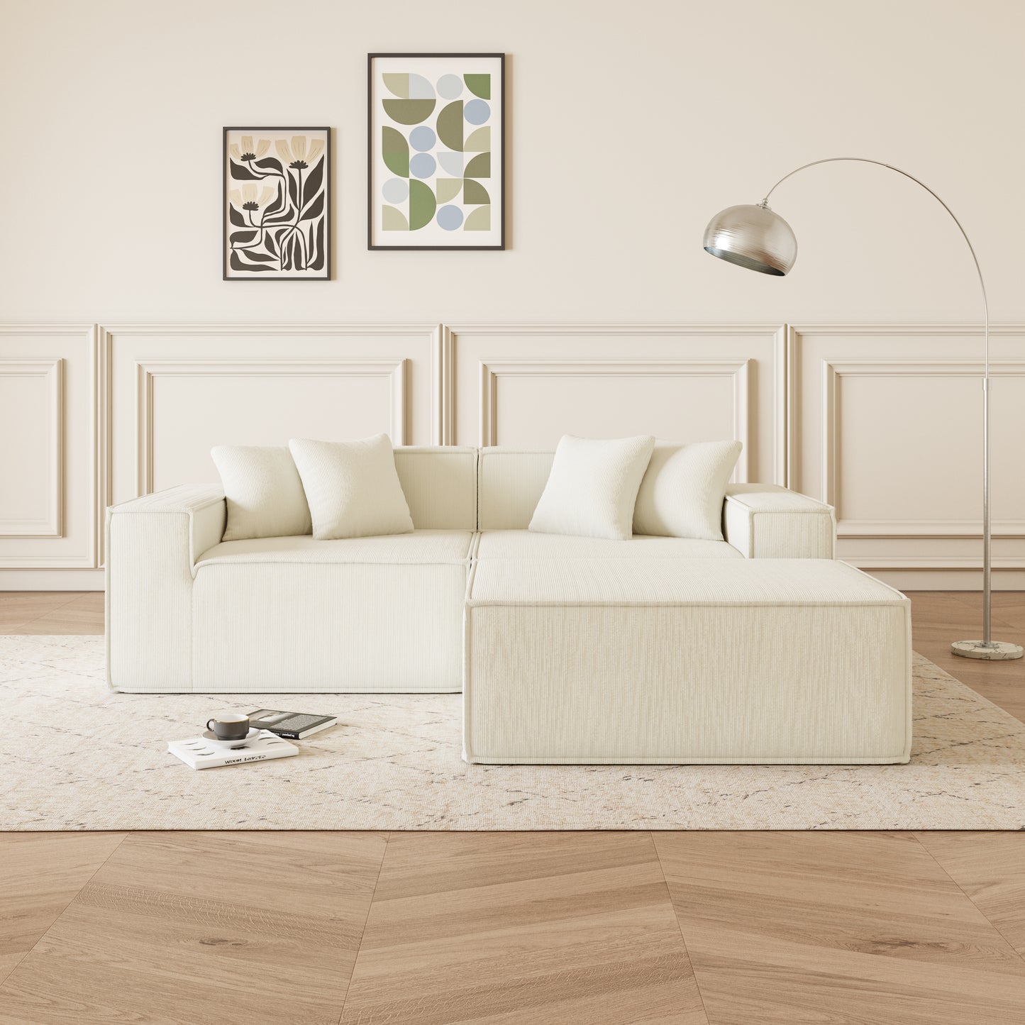 Cream modular sofa with textured fabric and plush cushions on a patterned rug