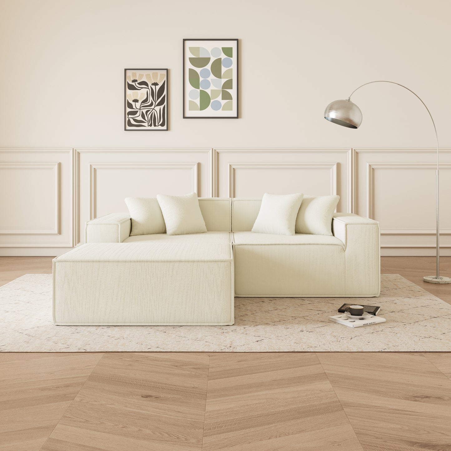 Cream fabric sectional sofa with chaise and plush cushions modern living room style