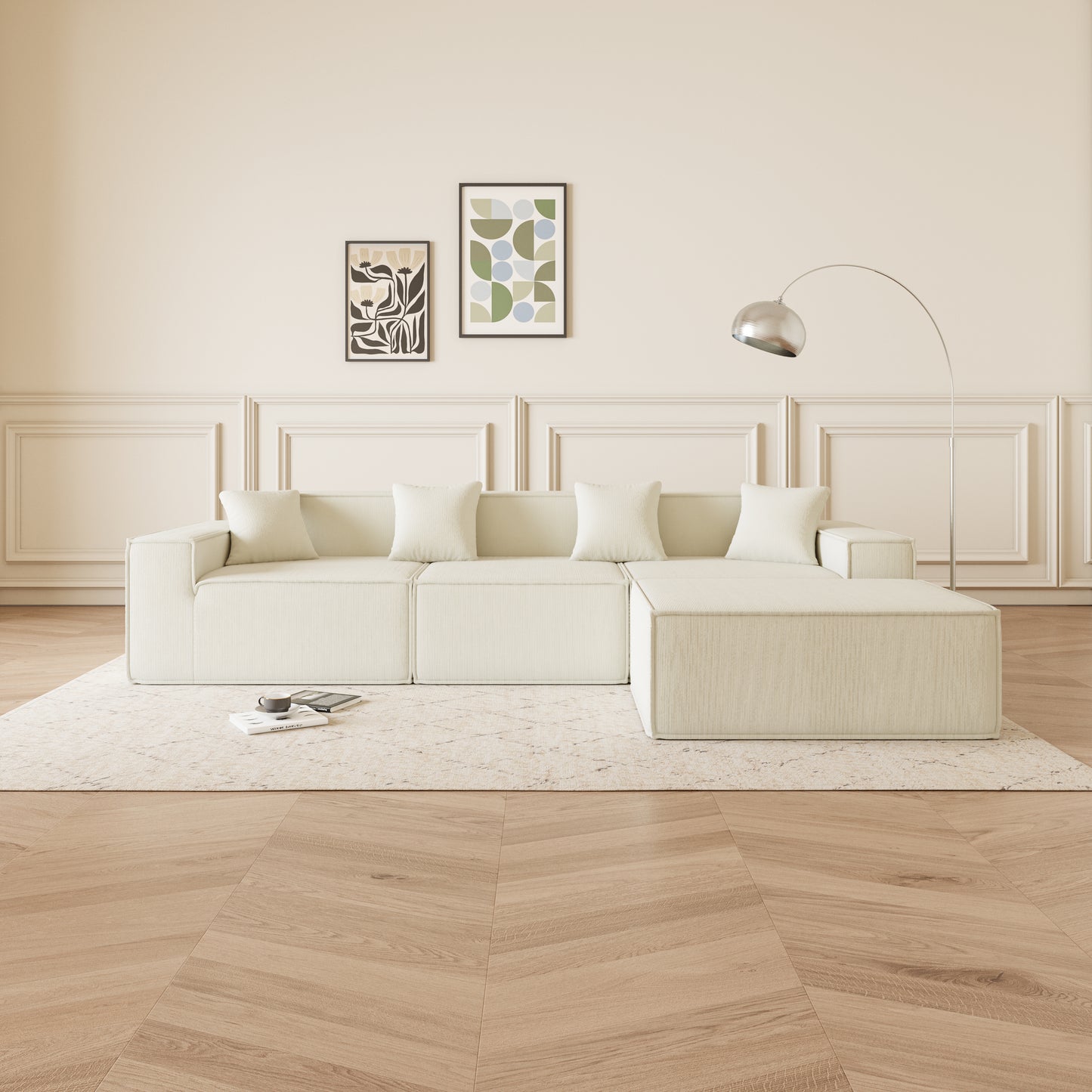 Cream corduroy sectional sofa with an ottoman featuring plush cushions for modern living room comfort