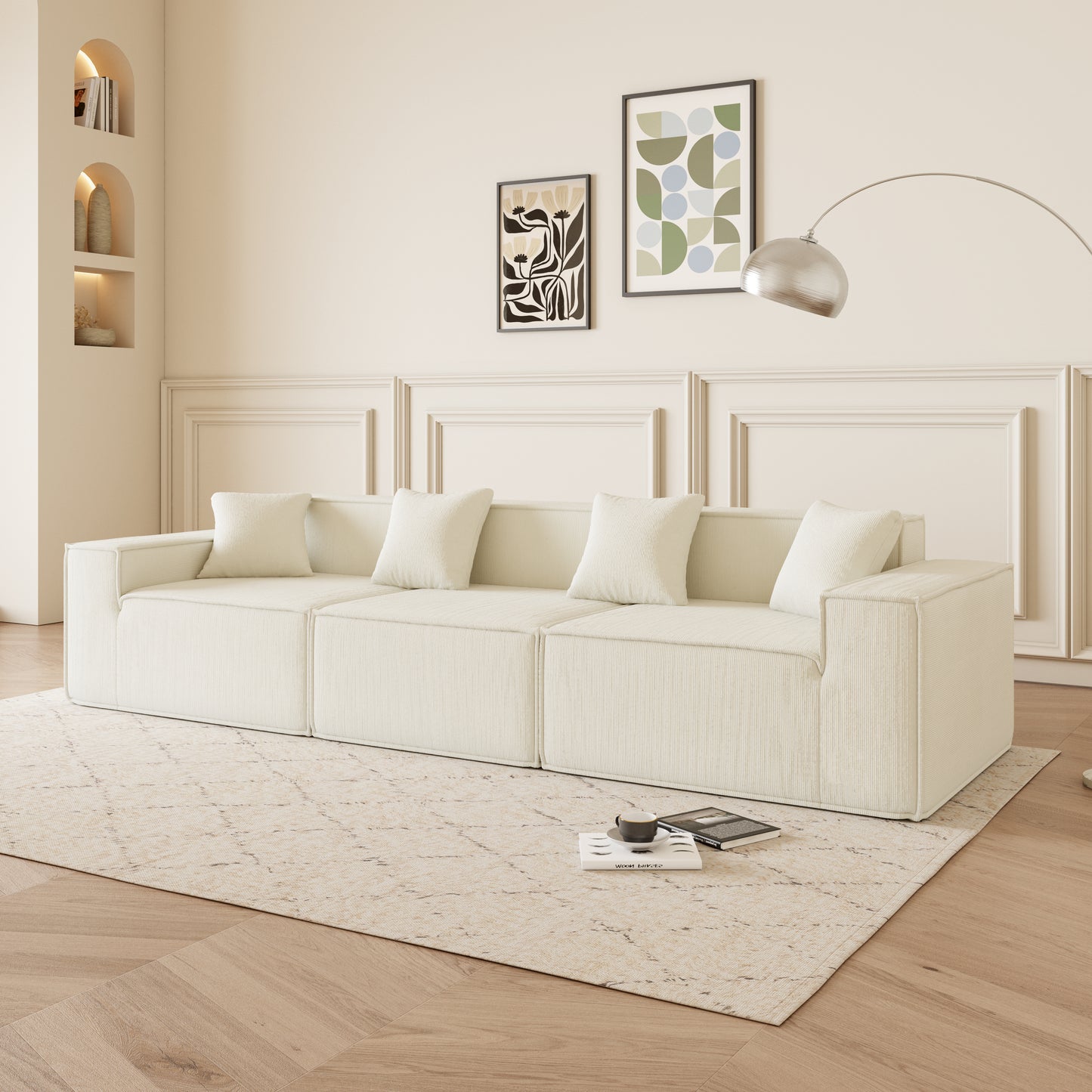 Creamcolored modular sectional sofa with plush cushions on a patterned rug