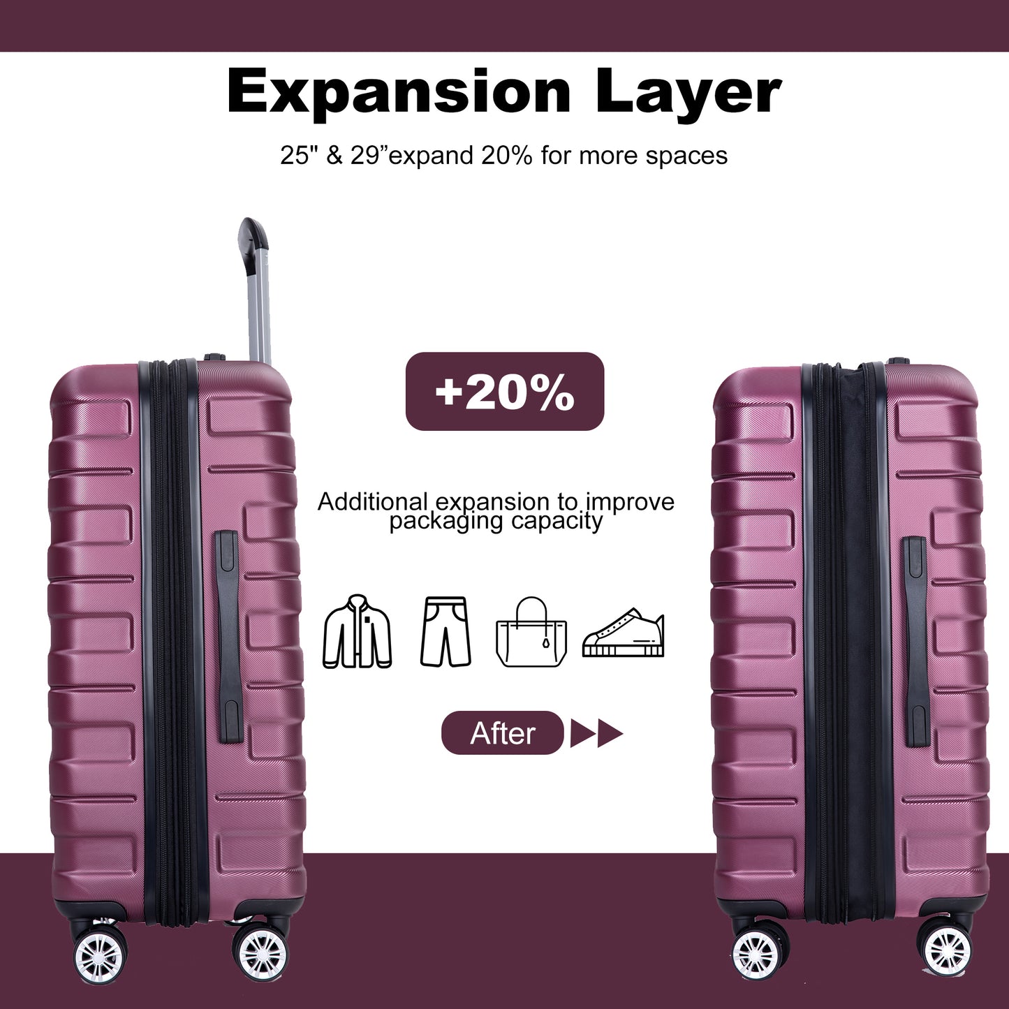 Rose gold hardside suitcase with expansion zipper and spinner wheels