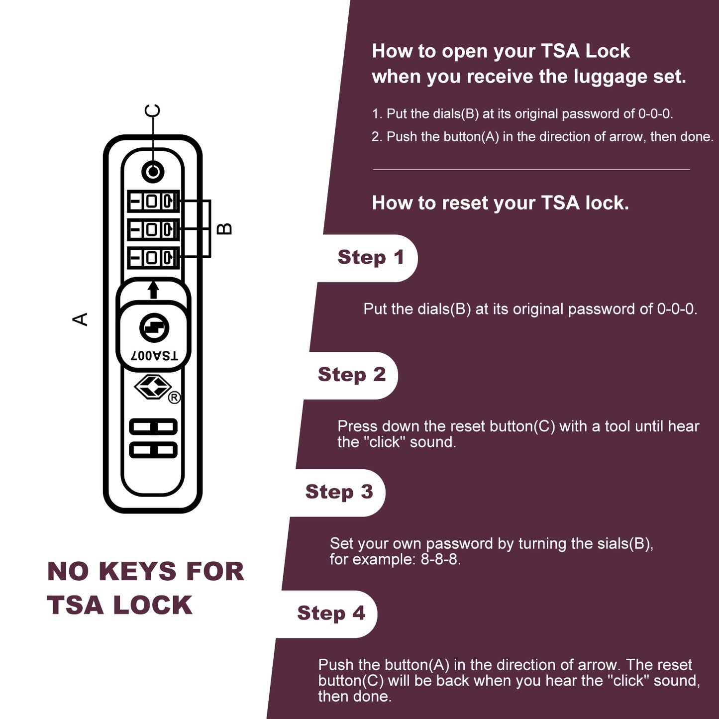 Illustration of a black TSA lock with three dials for setting a combination intended for luggage security