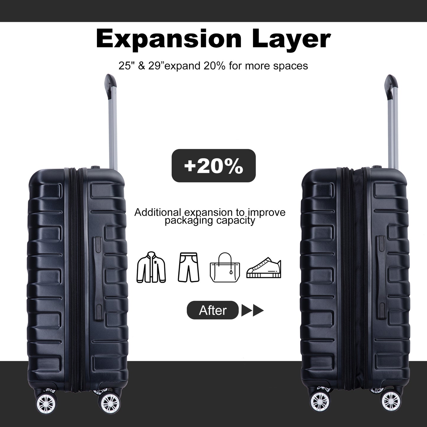 Black hardside expandable luggage with spinner wheels showing extra space