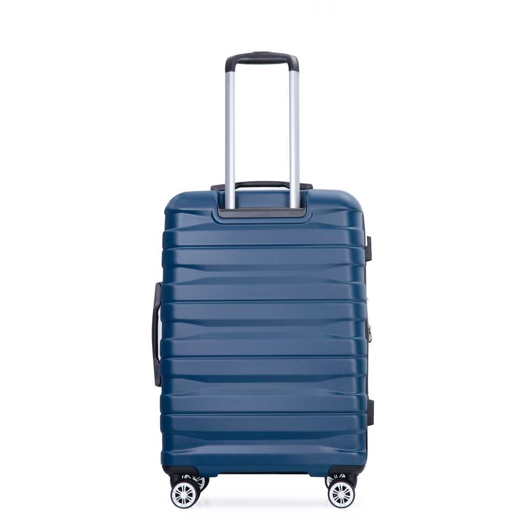 Dark blue hardside spinner luggage with telescoping handle and four wheels