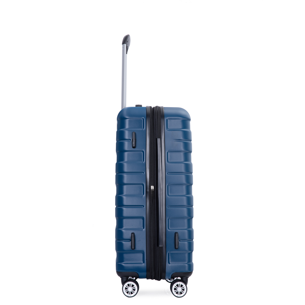 Navy blue hardside spinner suitcase with textured finish and retractable handle