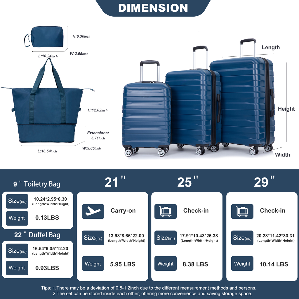 Set of three blue hardside suitcases in and inch sizes for travel