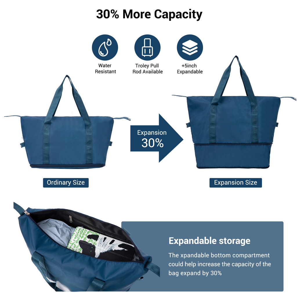 Navy blue expandable duffel bag shown in ordinary and expanded sizes