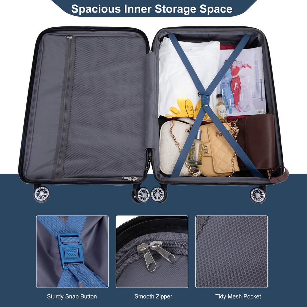 Black hardshell suitcase interior with clothing bags and securing straps for travel