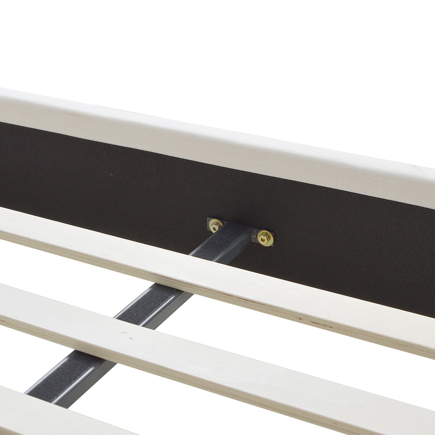 Upholstered bed frame side rail with wooden slats and metal support brackets
