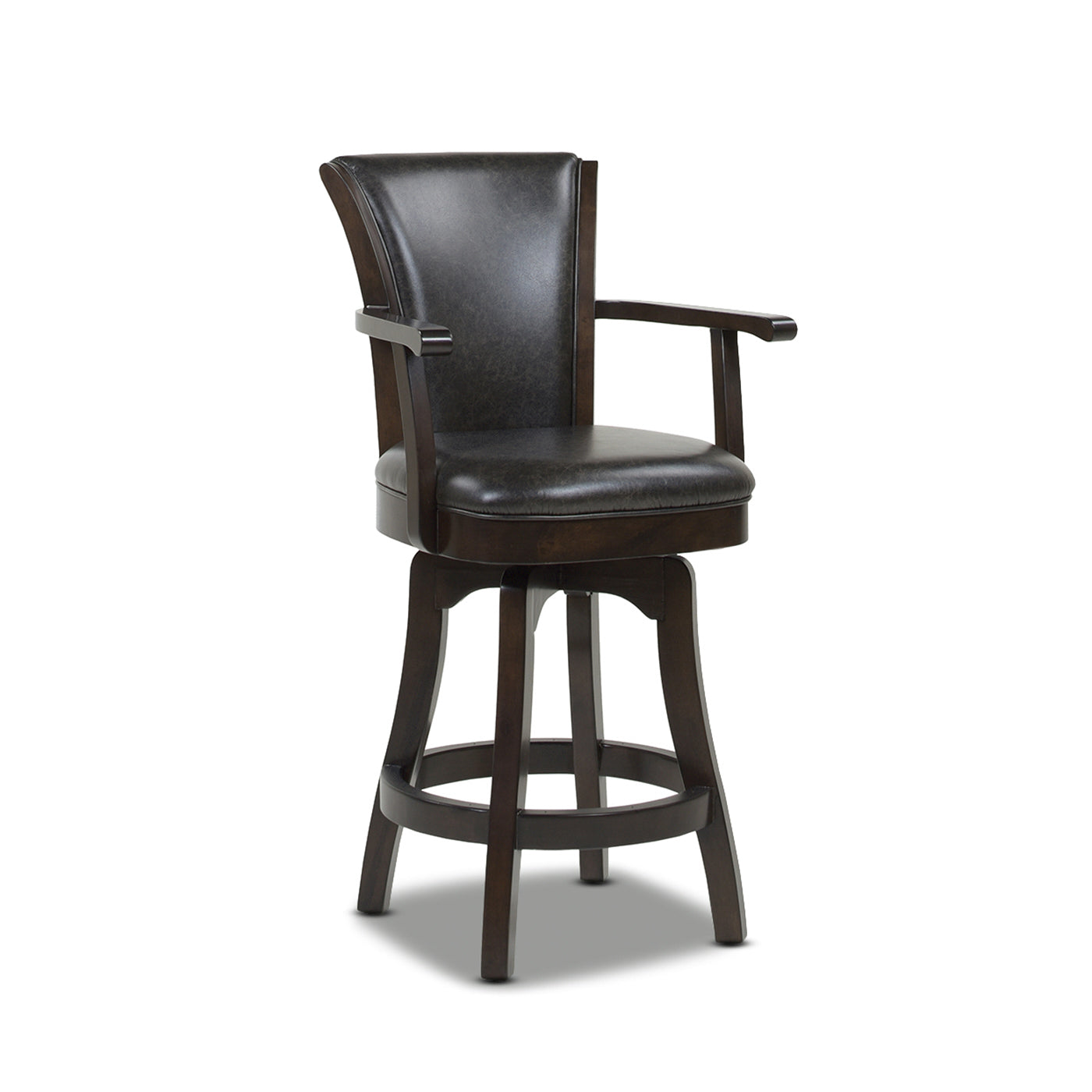 Dark brown leather swivel bar stool with wooden base and arms