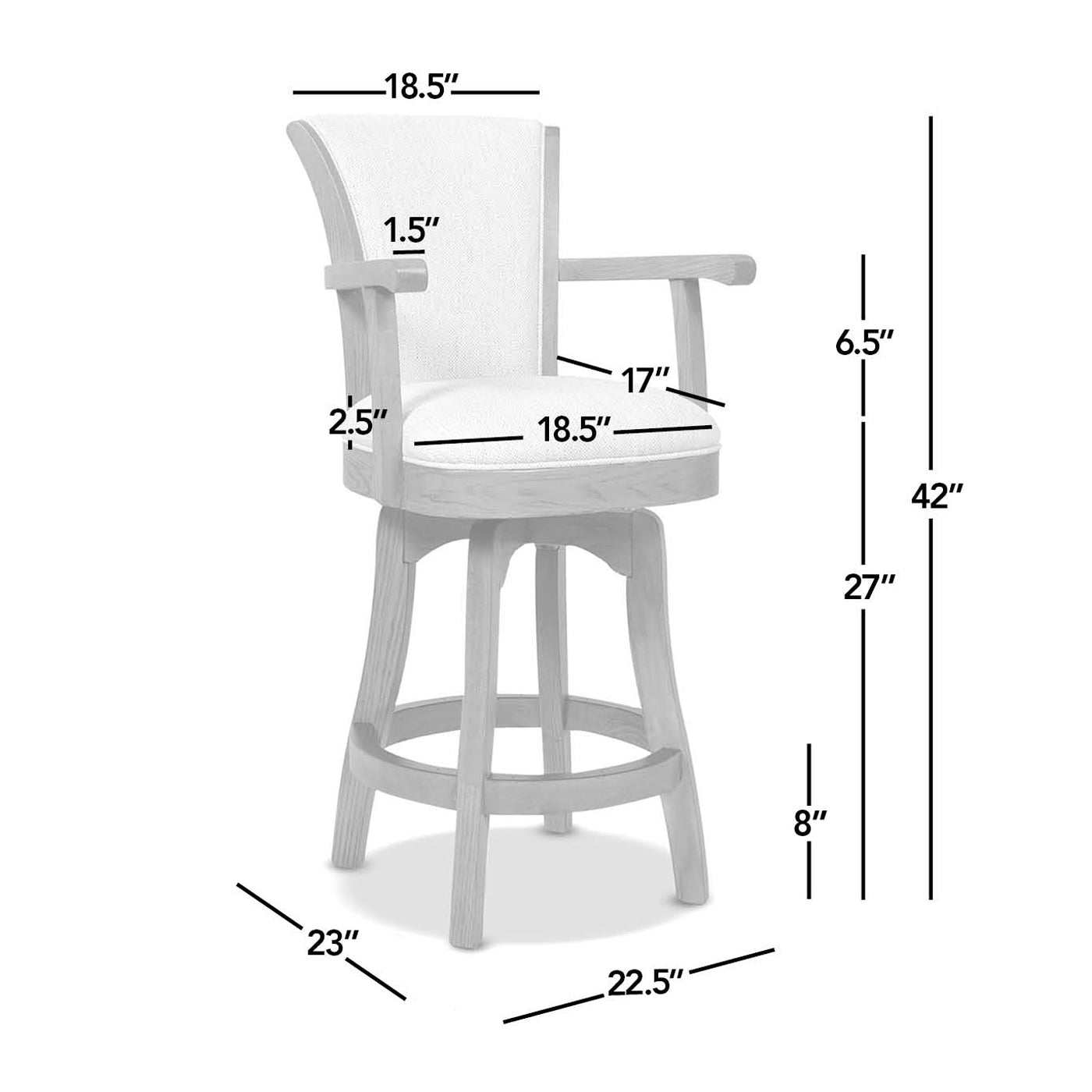 Swivel bar stool with light gray upholstered seat and back and wooden base and arms