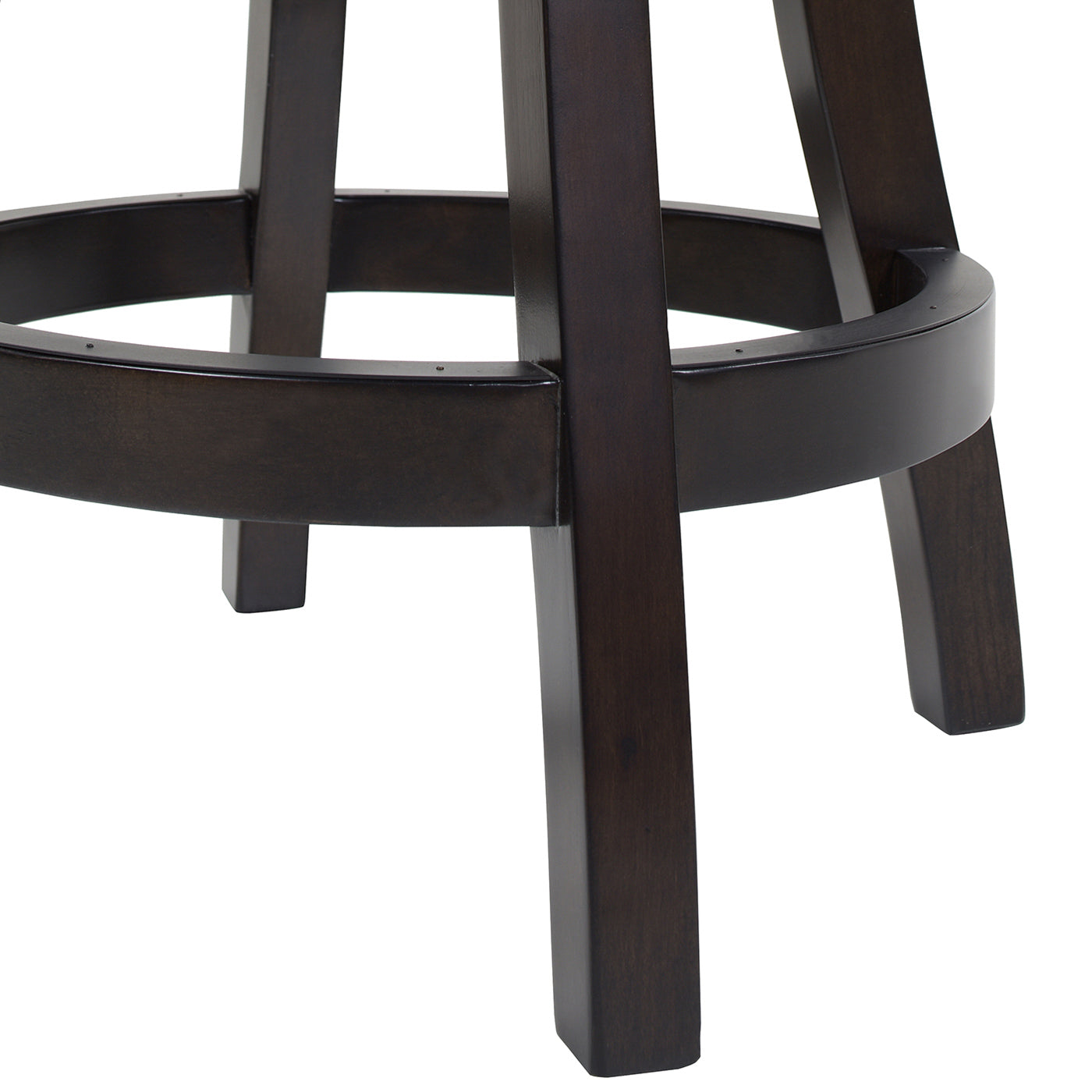 Closeup of dark wood bar stool legs with circular footrest detail