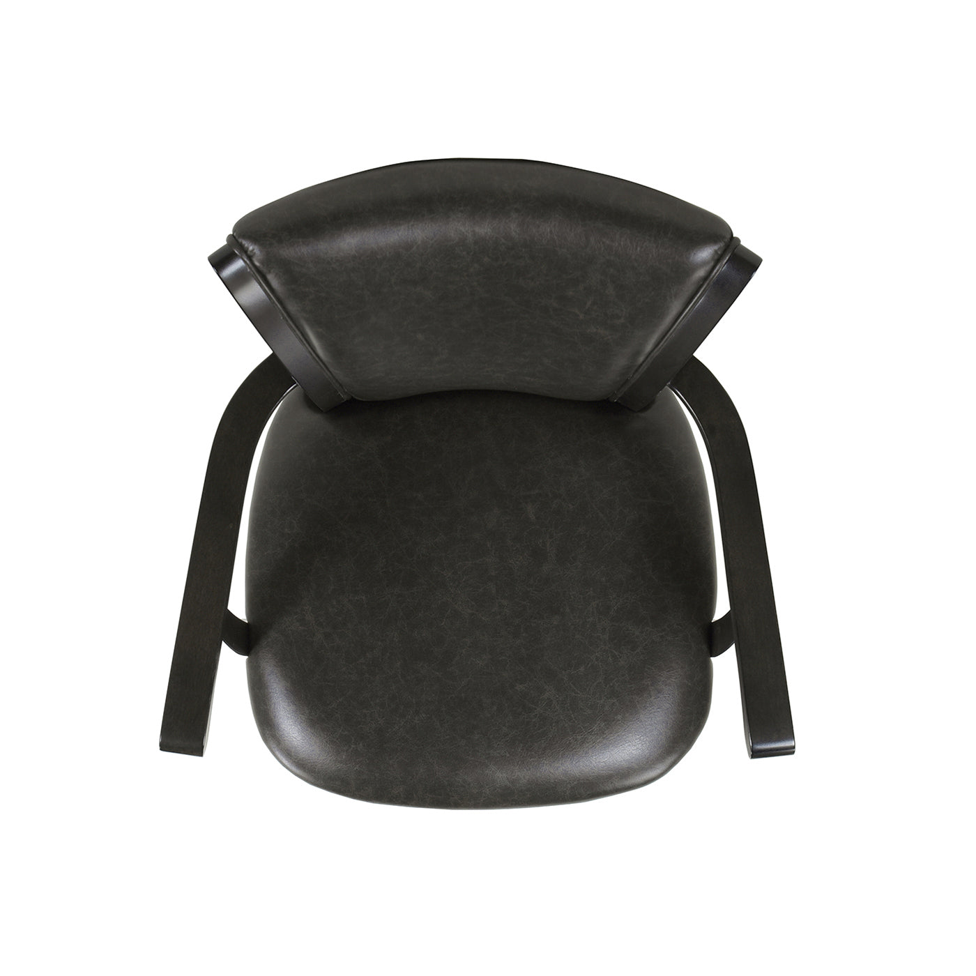 Topdown view of a dark gray faux leather bar stool with curved back and wooden legs
