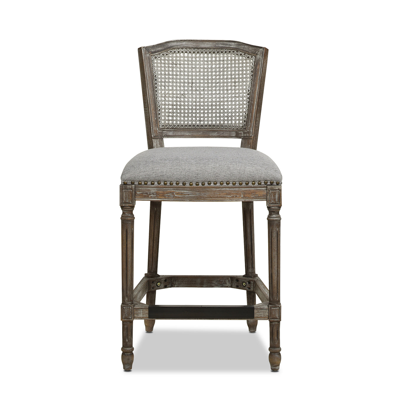 Distressed wood counter stool with woven cane back and grey upholstered seat