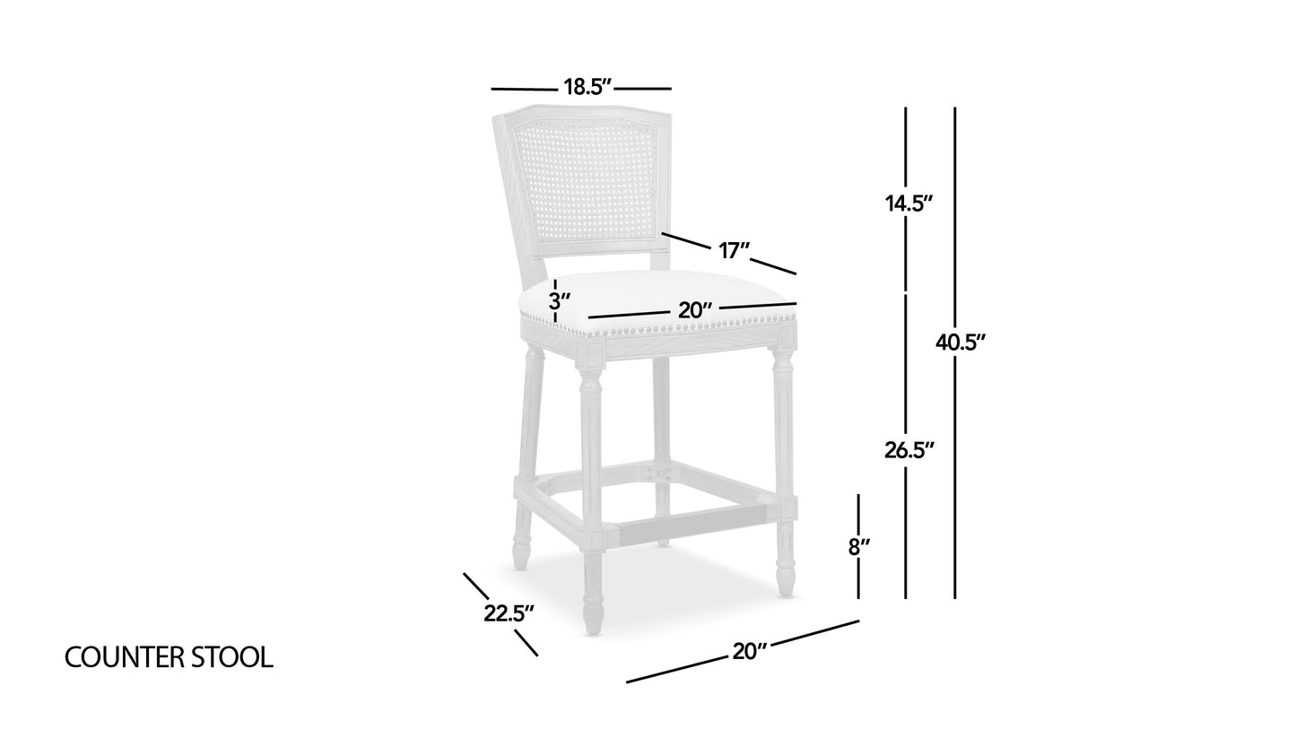 Wooden counter stool with cane back and upholstered seat Dimensions shown