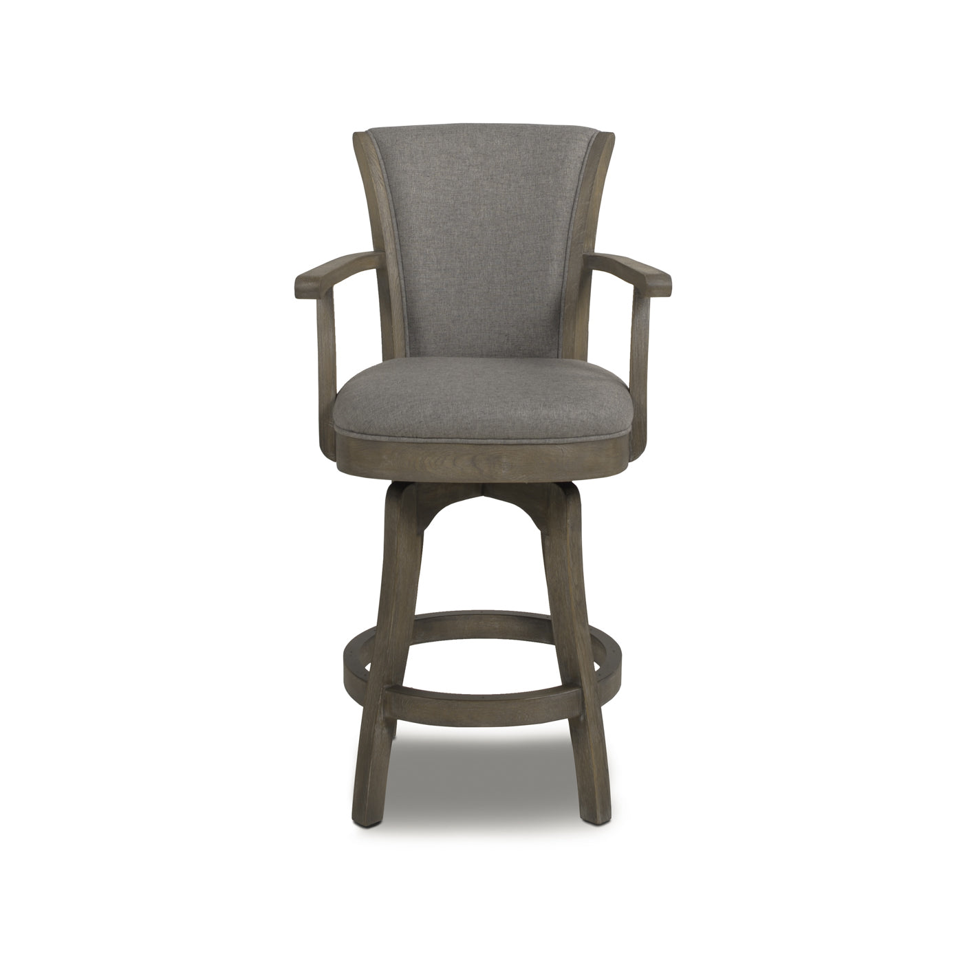 Gray fabric upholstered swivel bar stool with wooden legs and arms