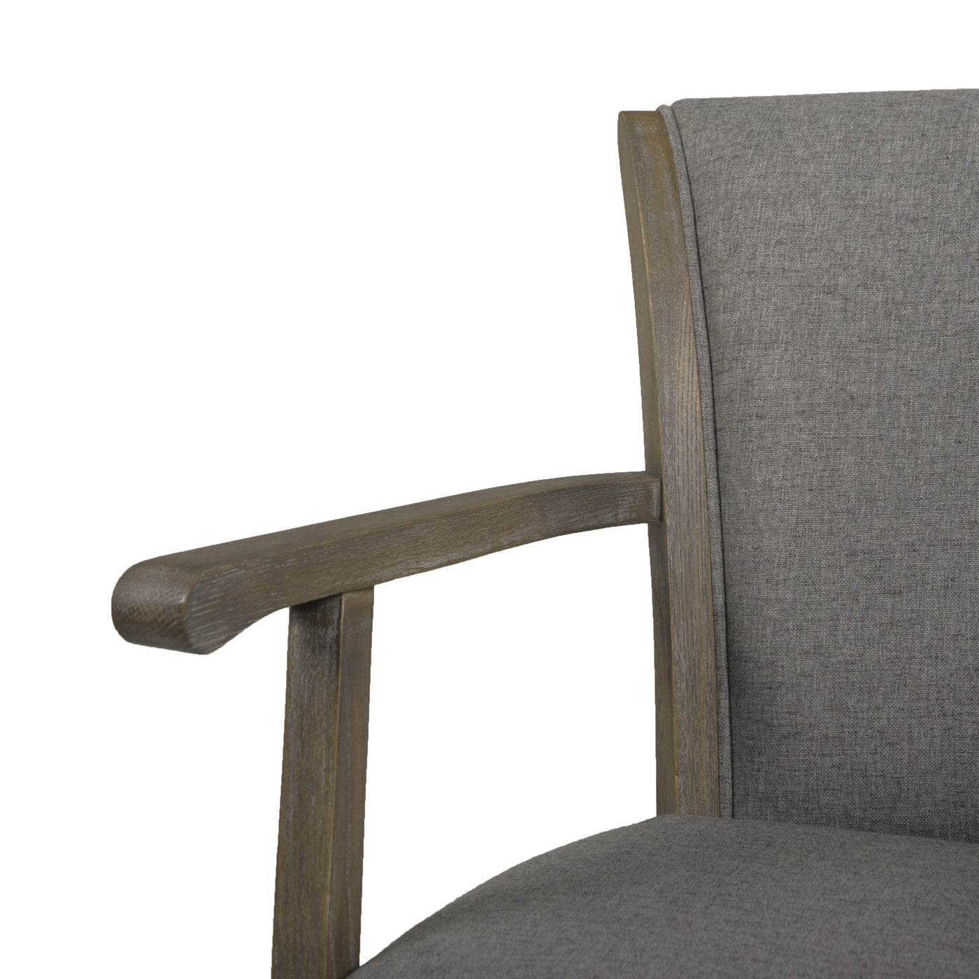 Closeup of a grey fabric armchair with distressed wood arms