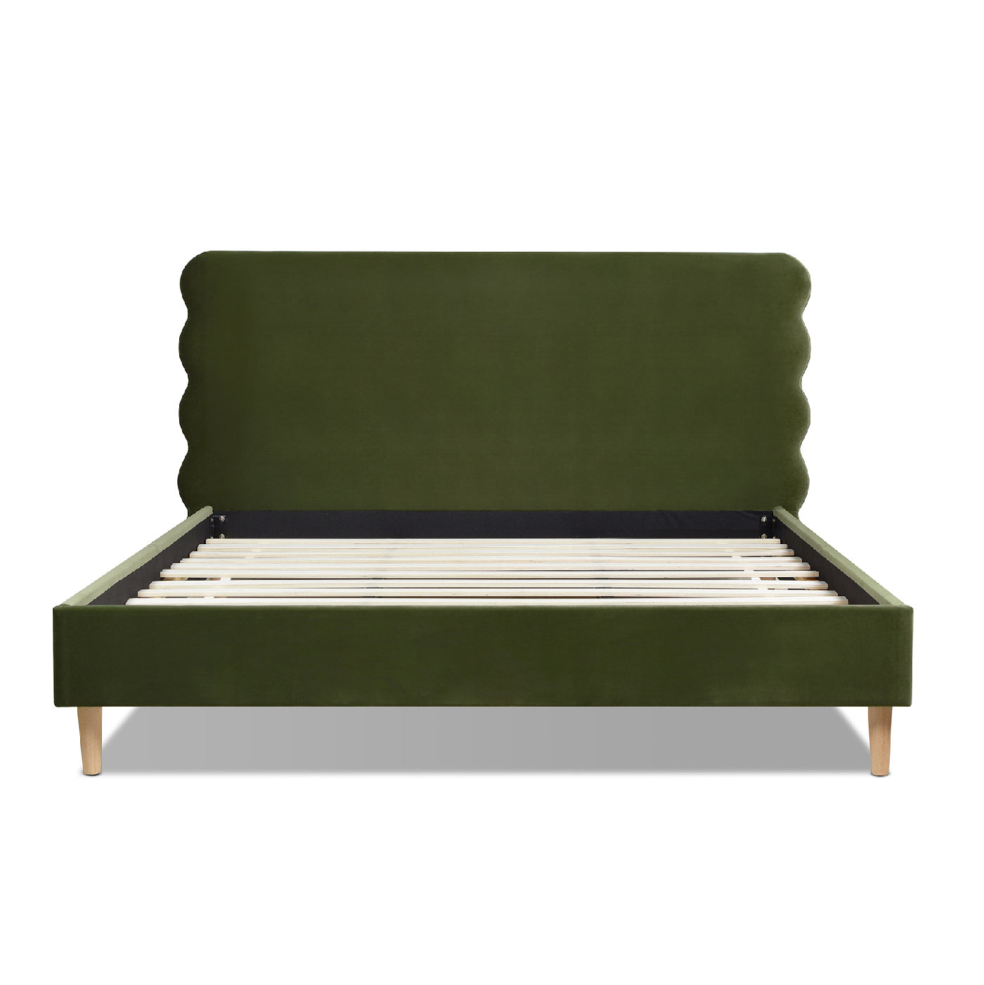 Scalloped emerald green velvet bed frame with wooden slats and tapered legs