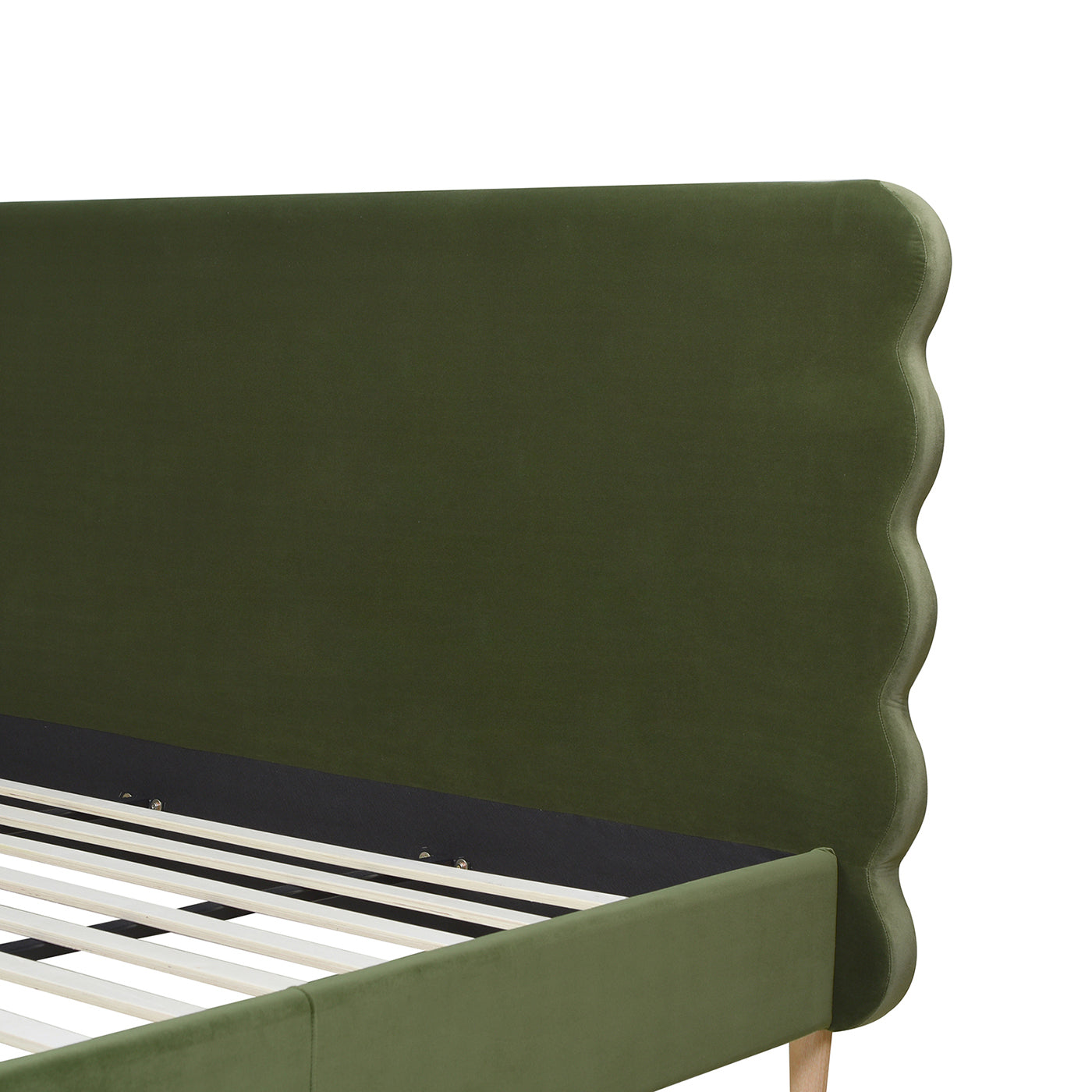 Green velvet scalloped headboard bed frame with wooden slats