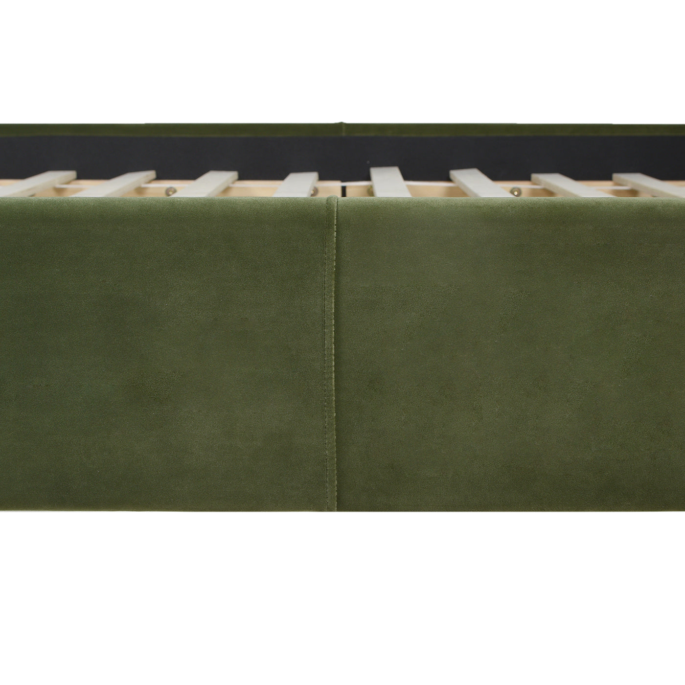 Green velvet upholstered bed frame with wooden slats modern design