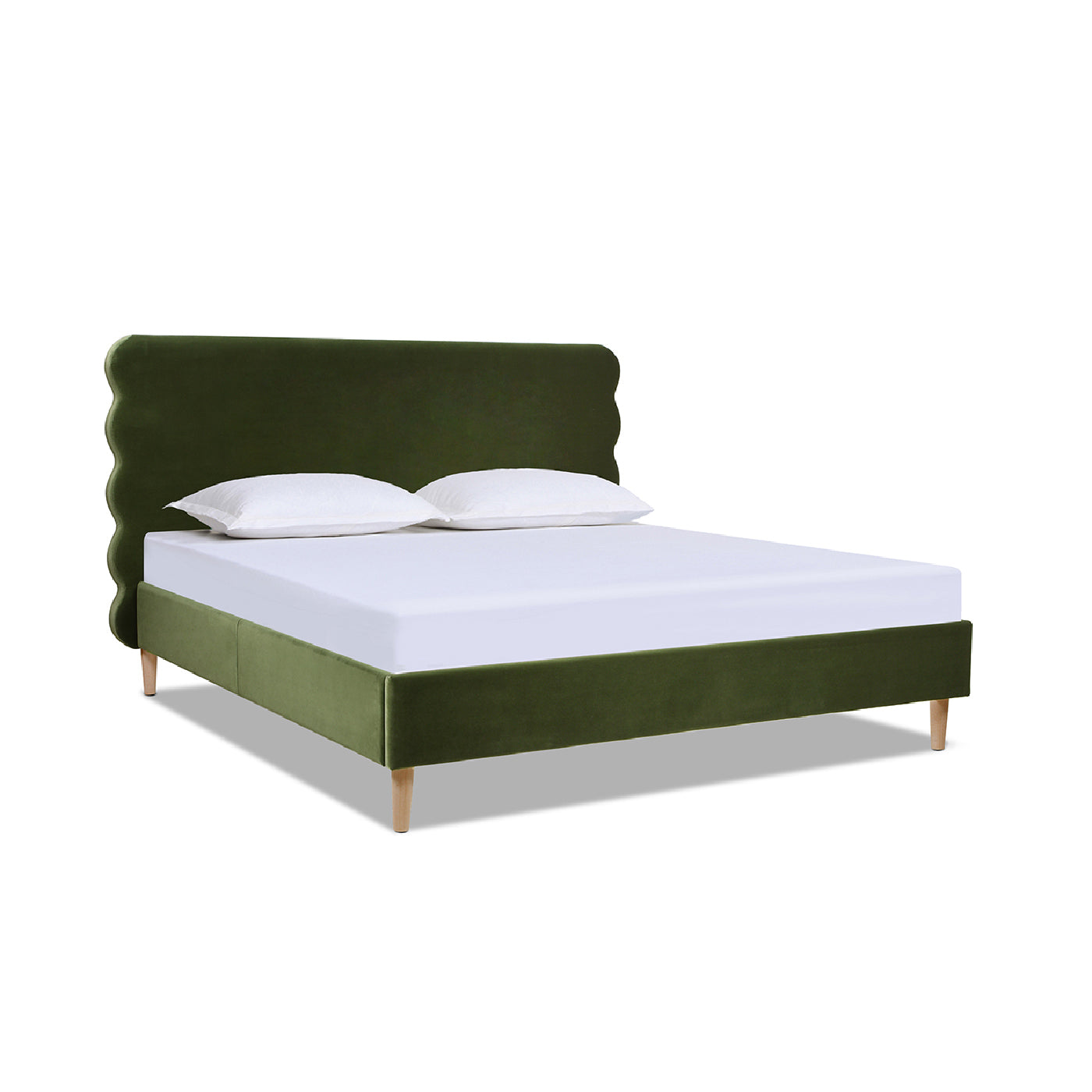 Green velvet bed frame with scalloped headboard and wooden legs