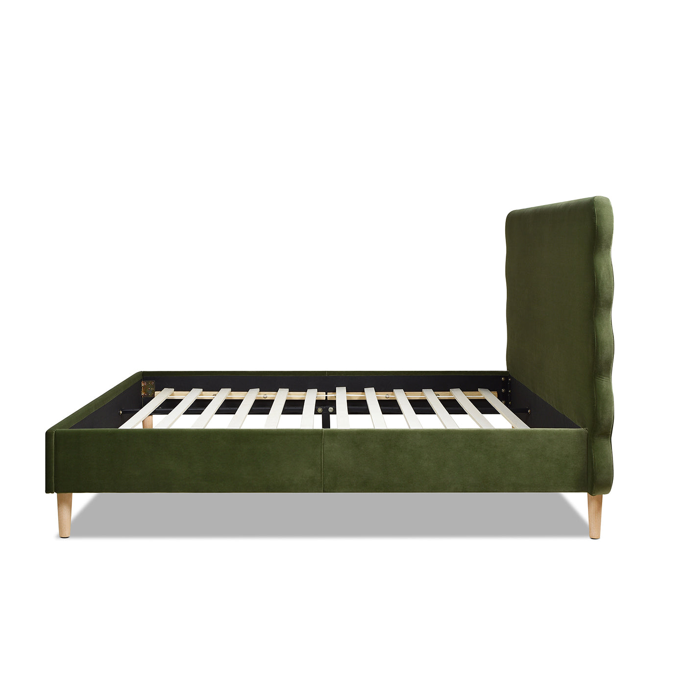 Olive green velvet bed frame with wooden slats and tapered legs