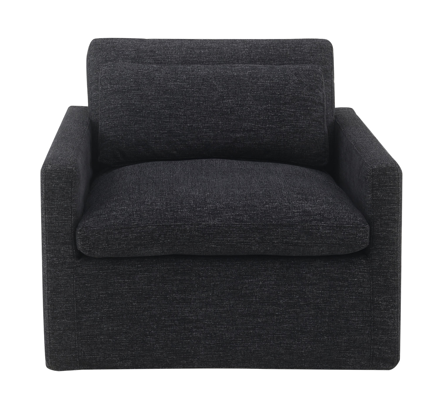 Modern charcoal fabric armchair with plush cushions and sleek arms
