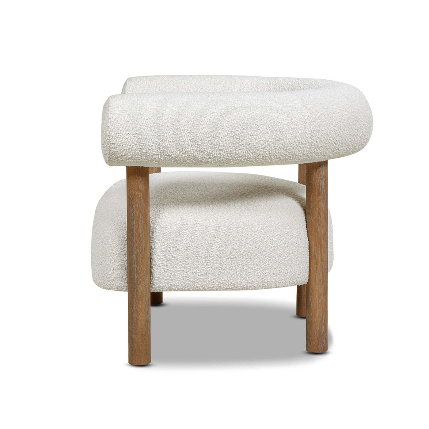 Cream boucle accent chair with natural wood legs and a curved back