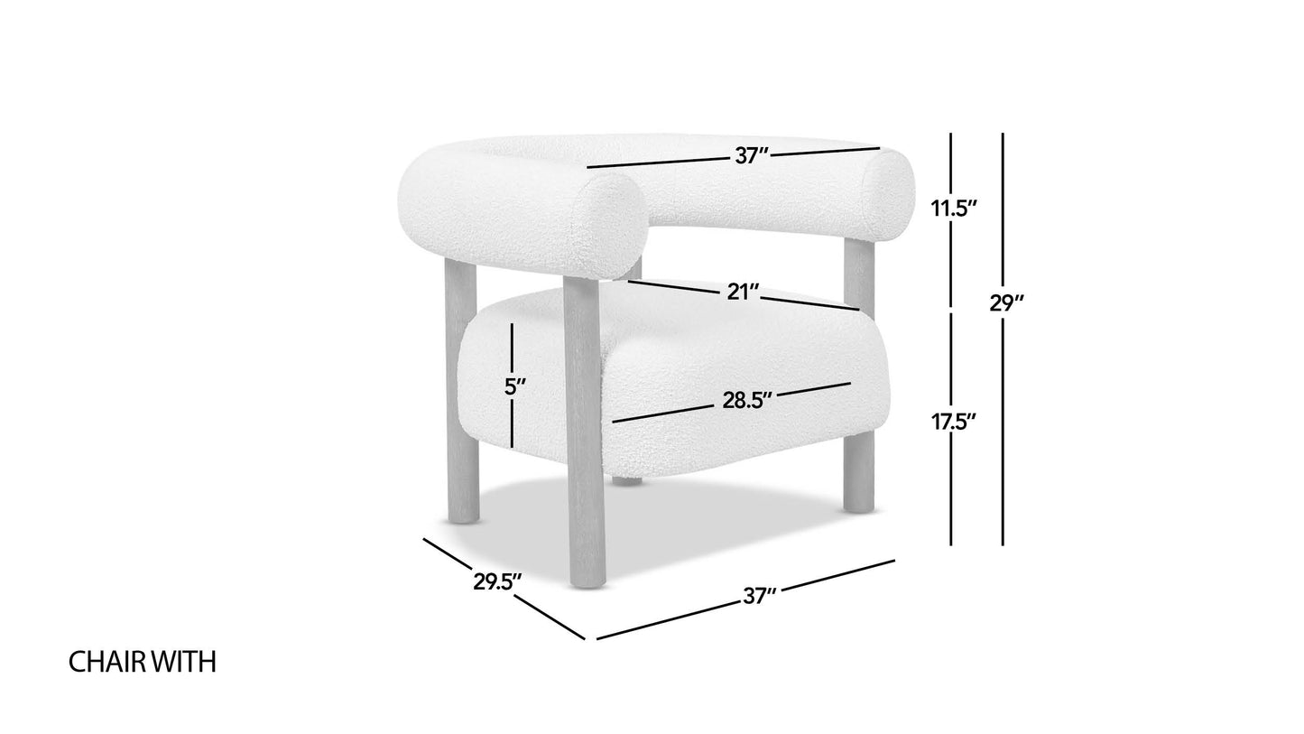 White boucl accent chair with curved back and wood legs Measures W x D